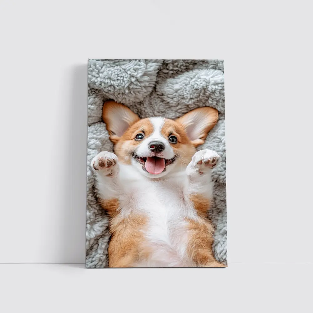 Happy Corgi Puppy Lying On Gray Blanket – Wall Art