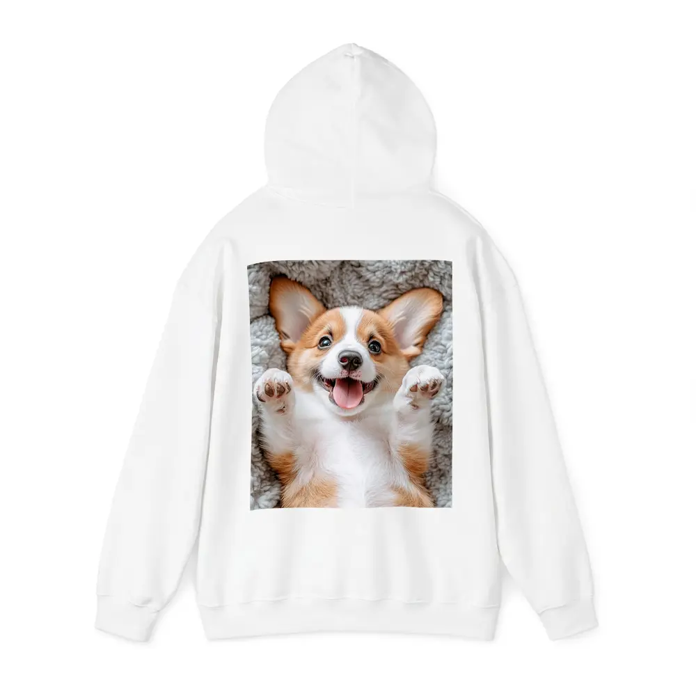 Happy Corgi Puppy Lying On Gray Blanket – Hoodies