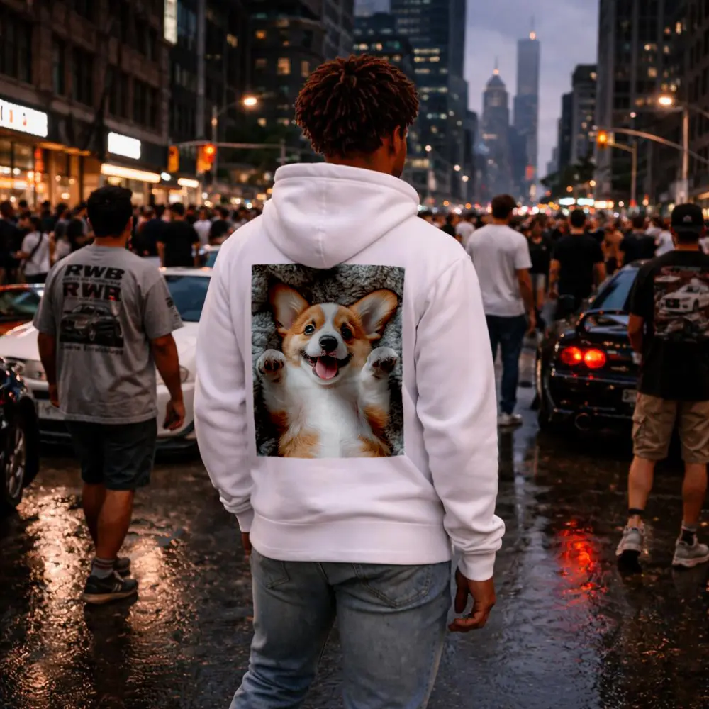 Happy Corgi Puppy Lying On Gray Blanket – Hoodies