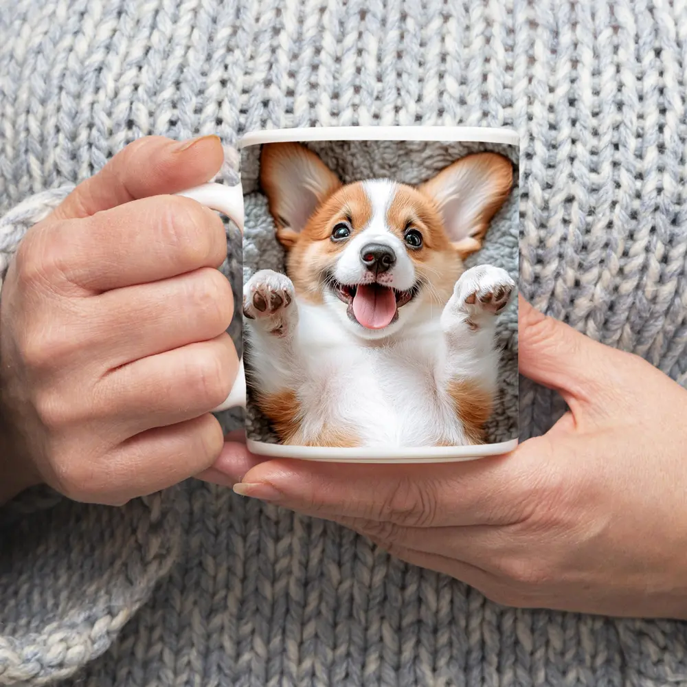 Happy Corgi Puppy Lying On Gray Blanket – Mugs