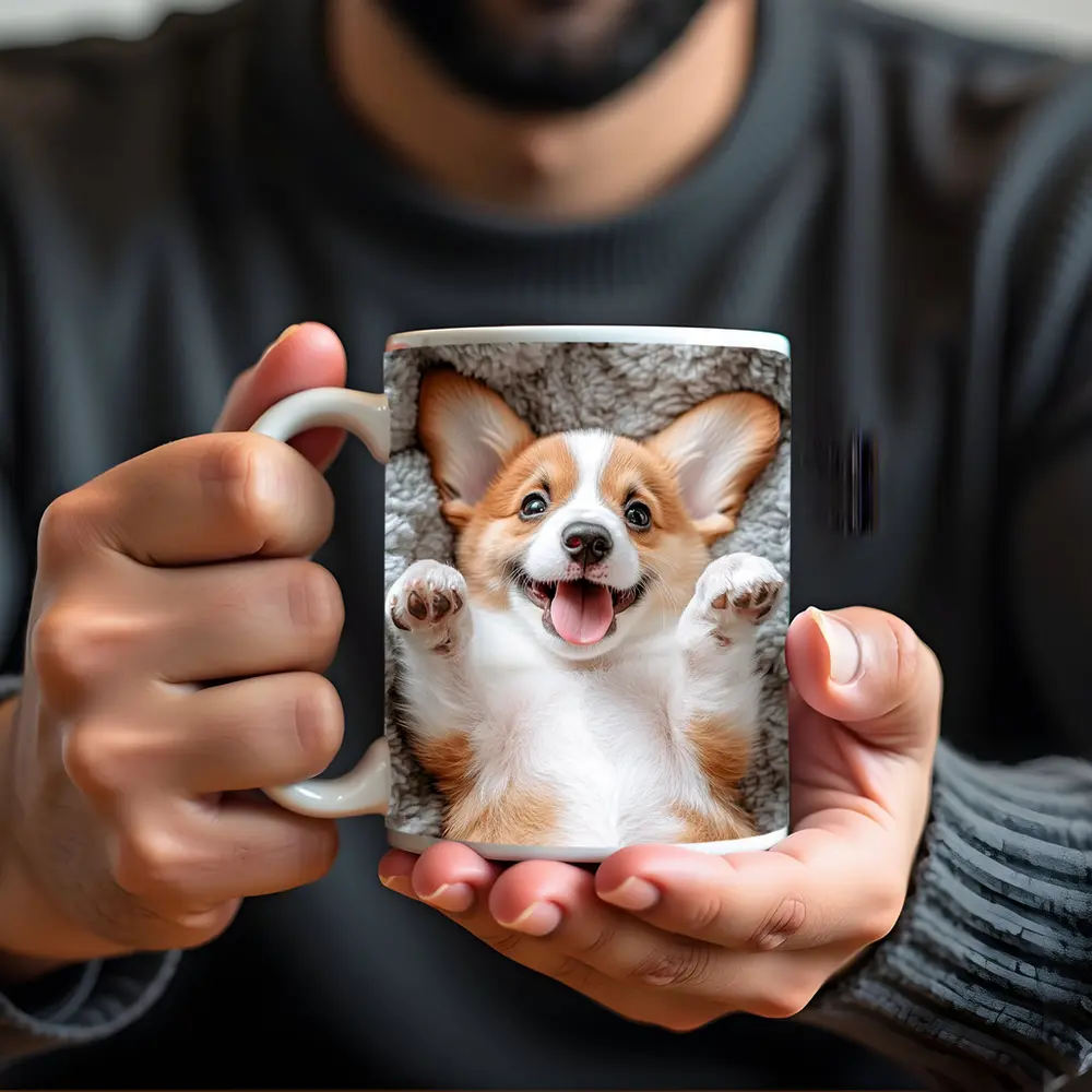 Happy Corgi Puppy Lying On Gray Blanket – Mugs