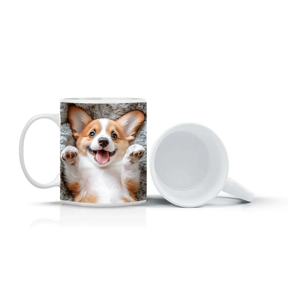 Happy Corgi Puppy Lying On Gray Blanket – Mugs