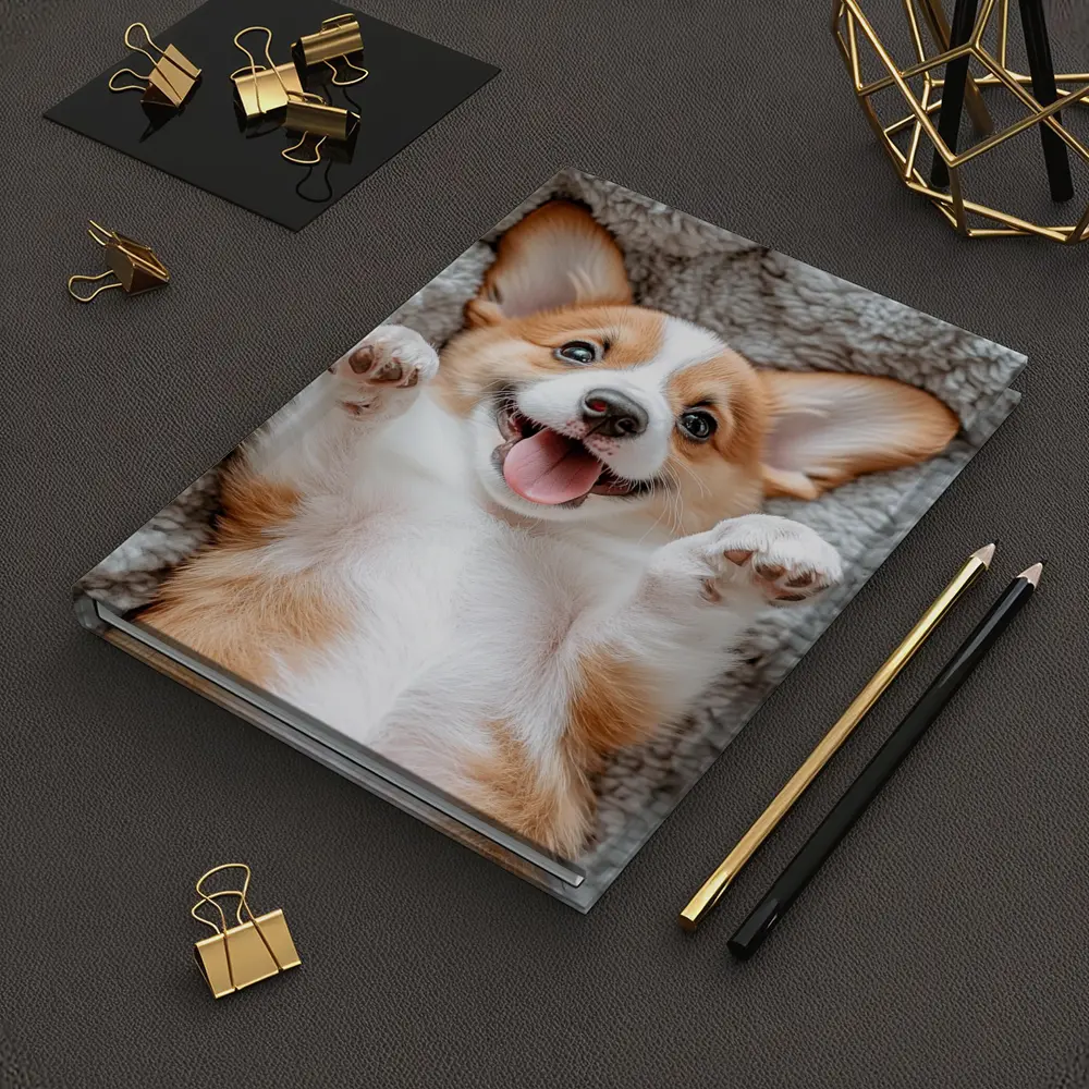 Happy Corgi Puppy Lying On Gray Blanket – Notebooks