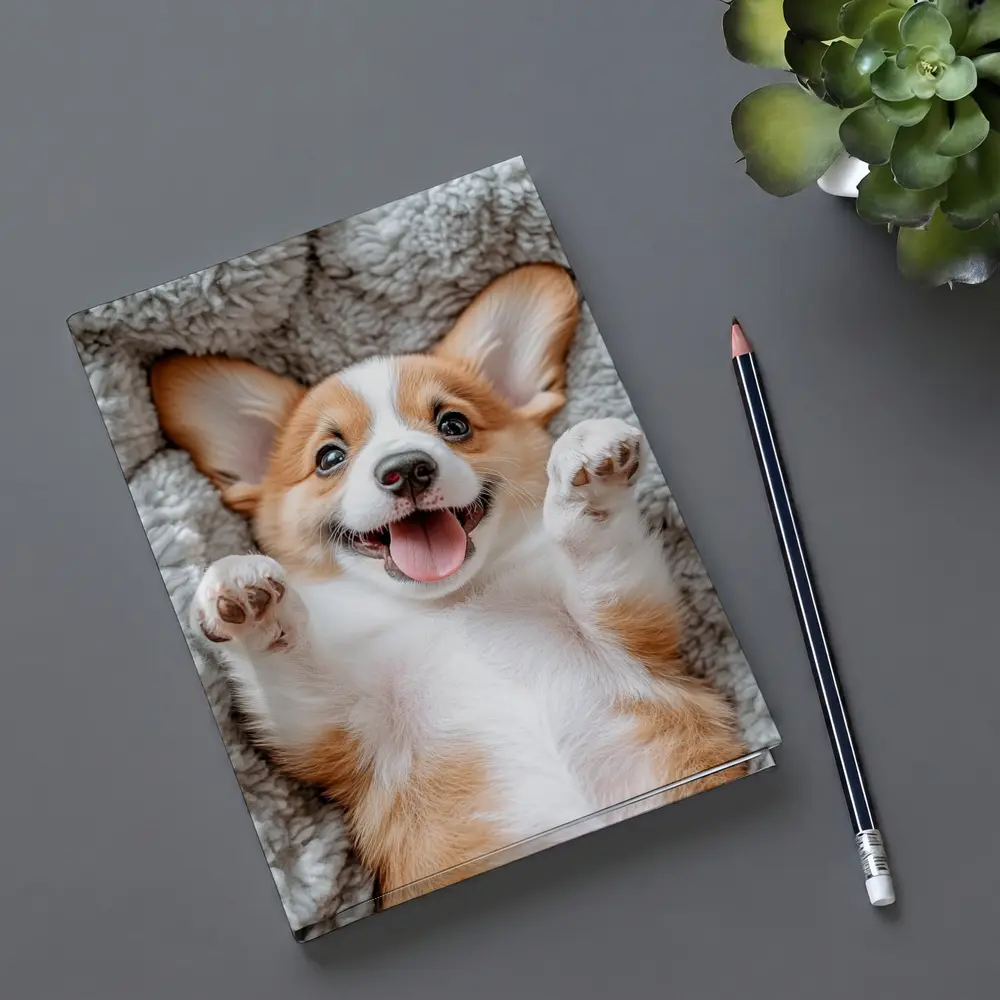 Happy Corgi Puppy Lying On Gray Blanket – Notebooks