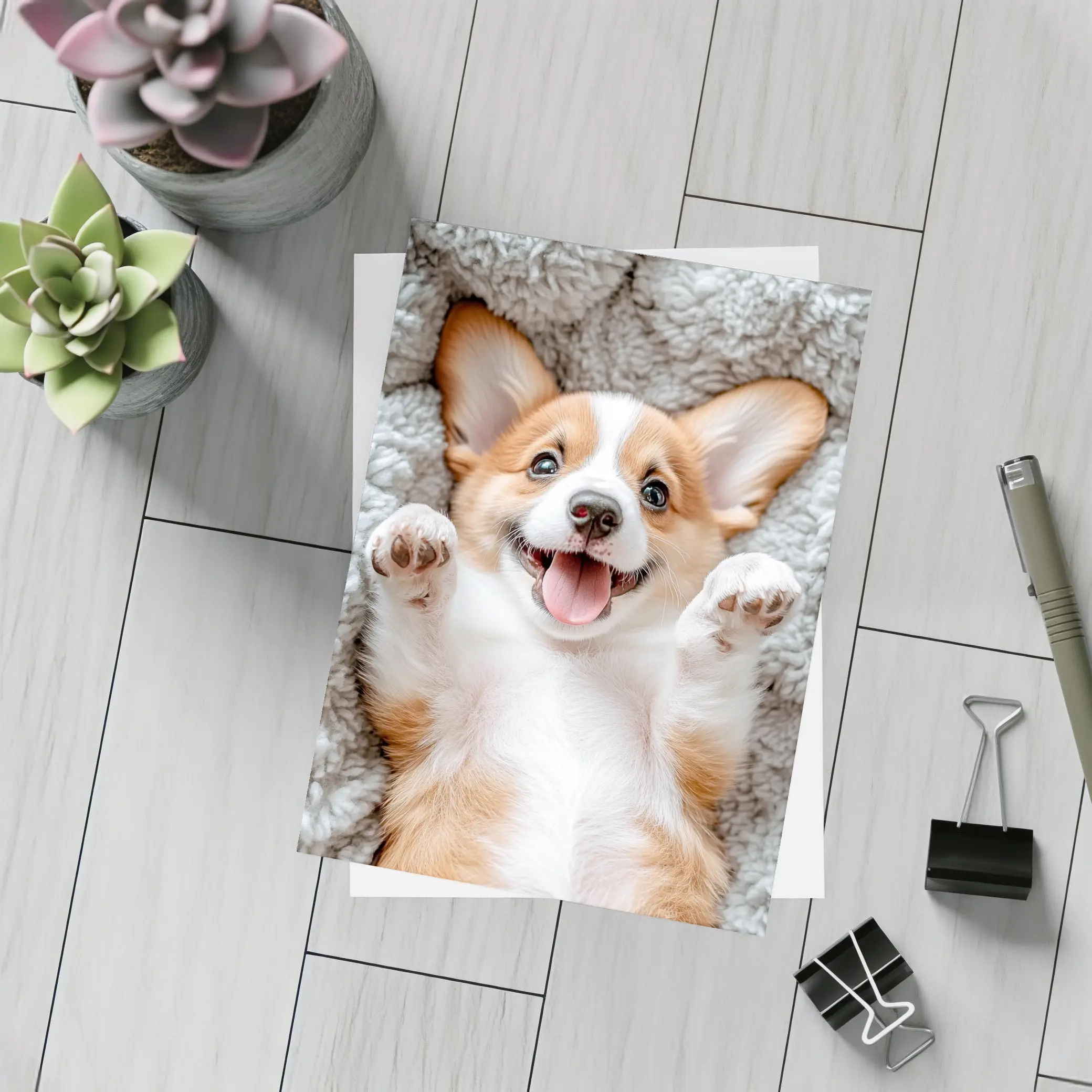 Happy Corgi Puppy Lying On Gray Blanket – Postcards