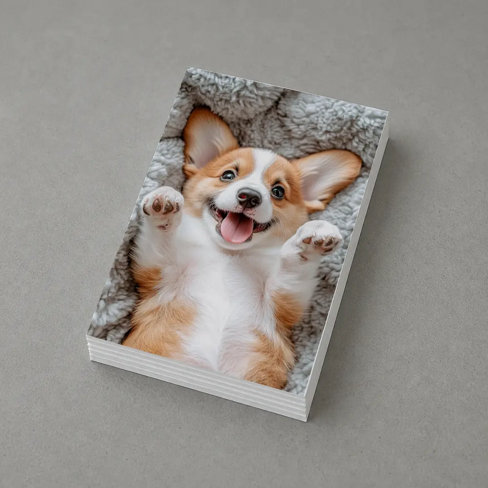 Happy Corgi Puppy Lying On Gray Blanket – Postcards