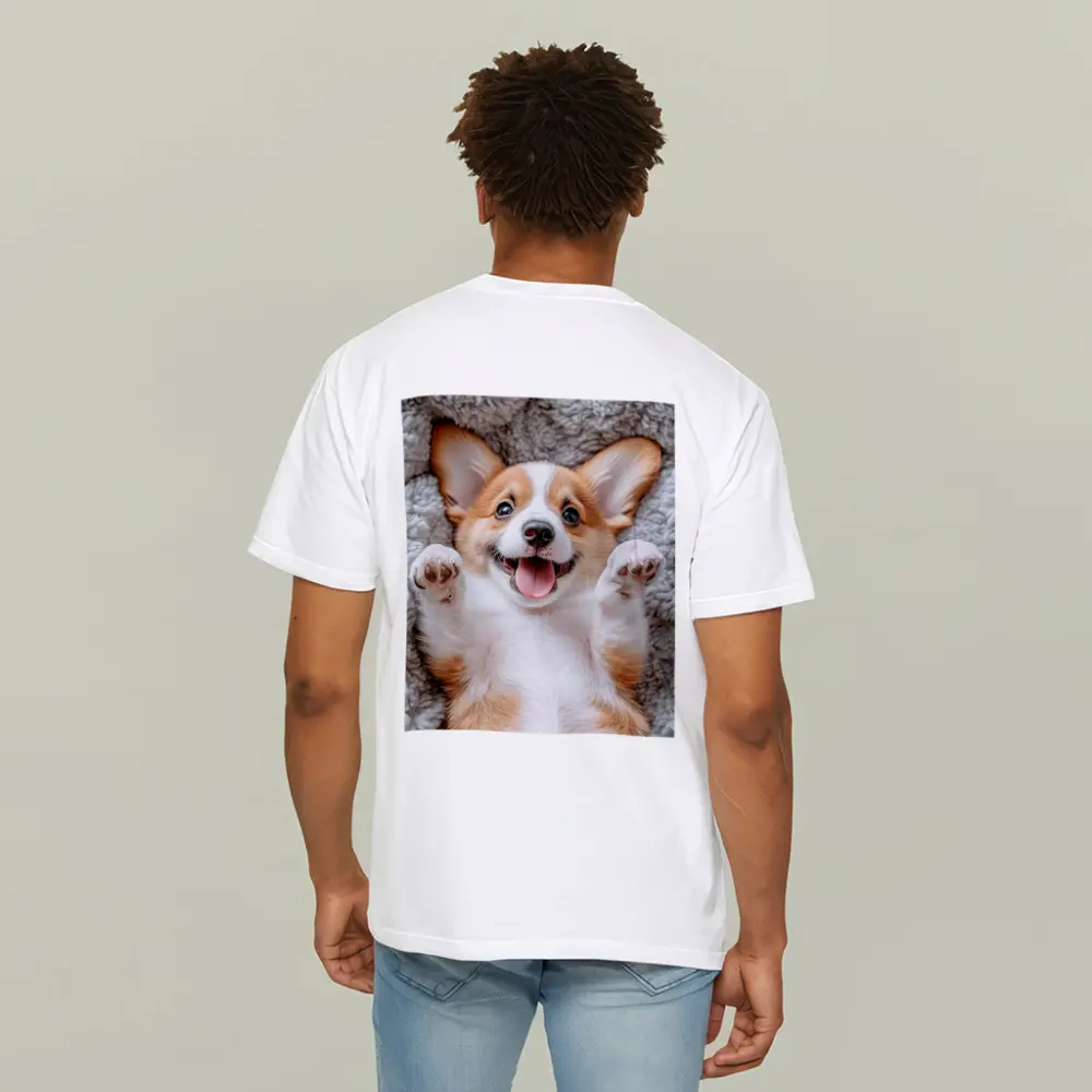 Happy Corgi Puppy Lying On Gray Blanket – T-Shirts