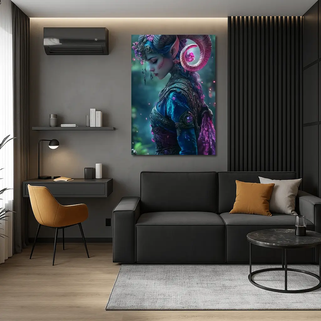 Fantasy Elf Woman with Ram Horns Forest – Wall Art