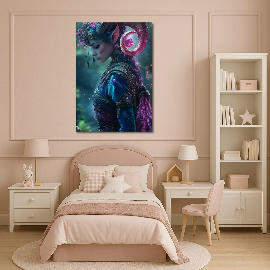 Fantasy Elf Woman with Ram Horns Forest – Wall Art