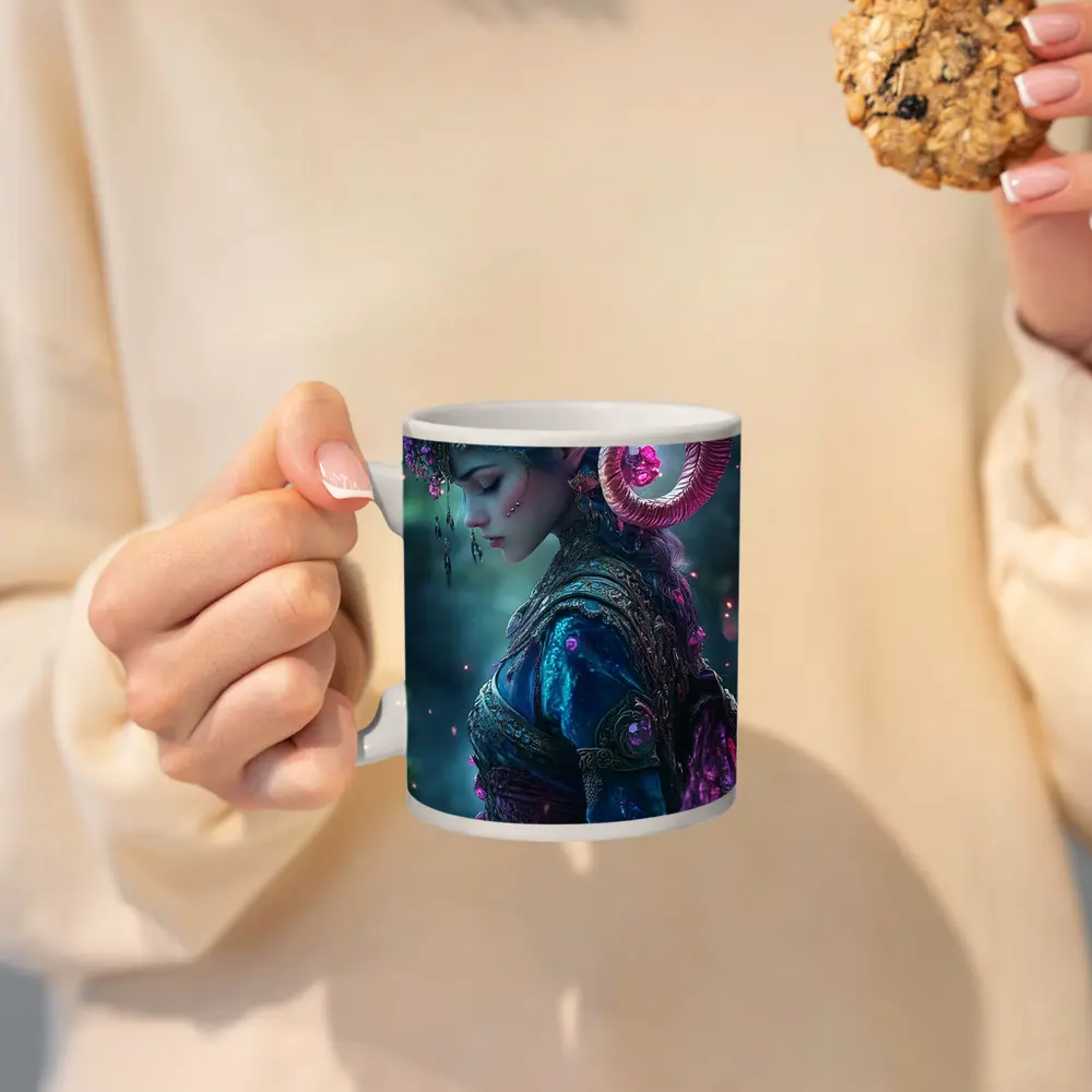 Fantasy Elf Woman with Ram Horns Forest – Mugs
