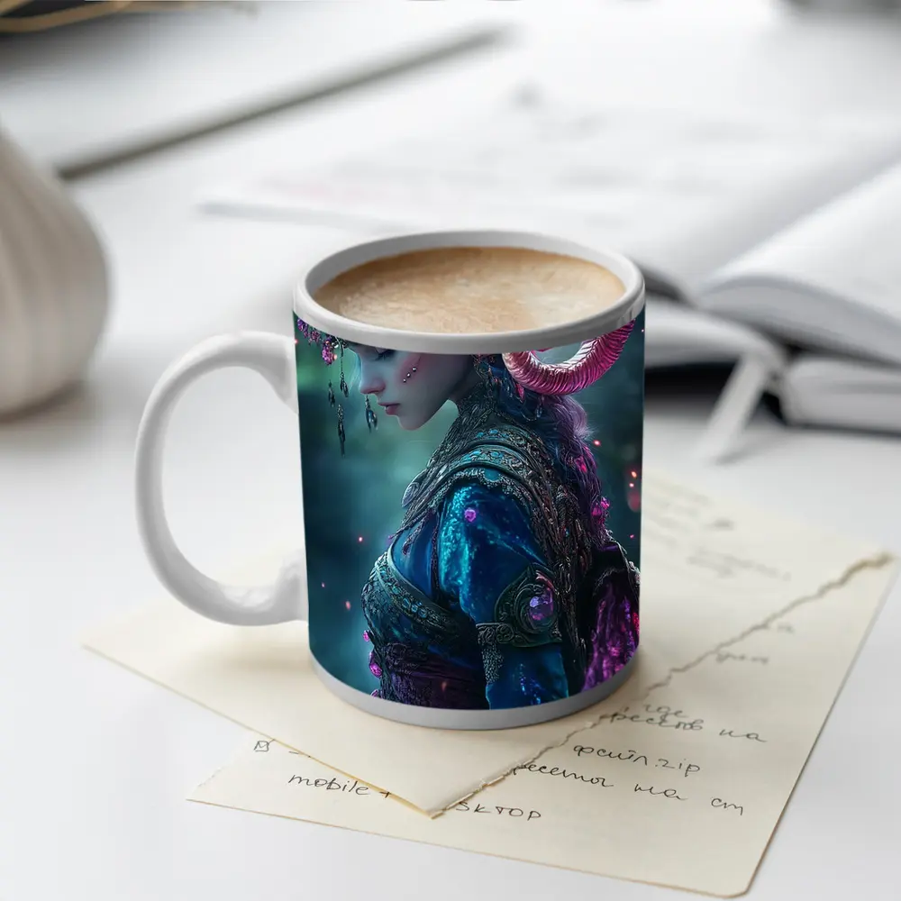 Fantasy Elf Woman with Ram Horns Forest – Mugs