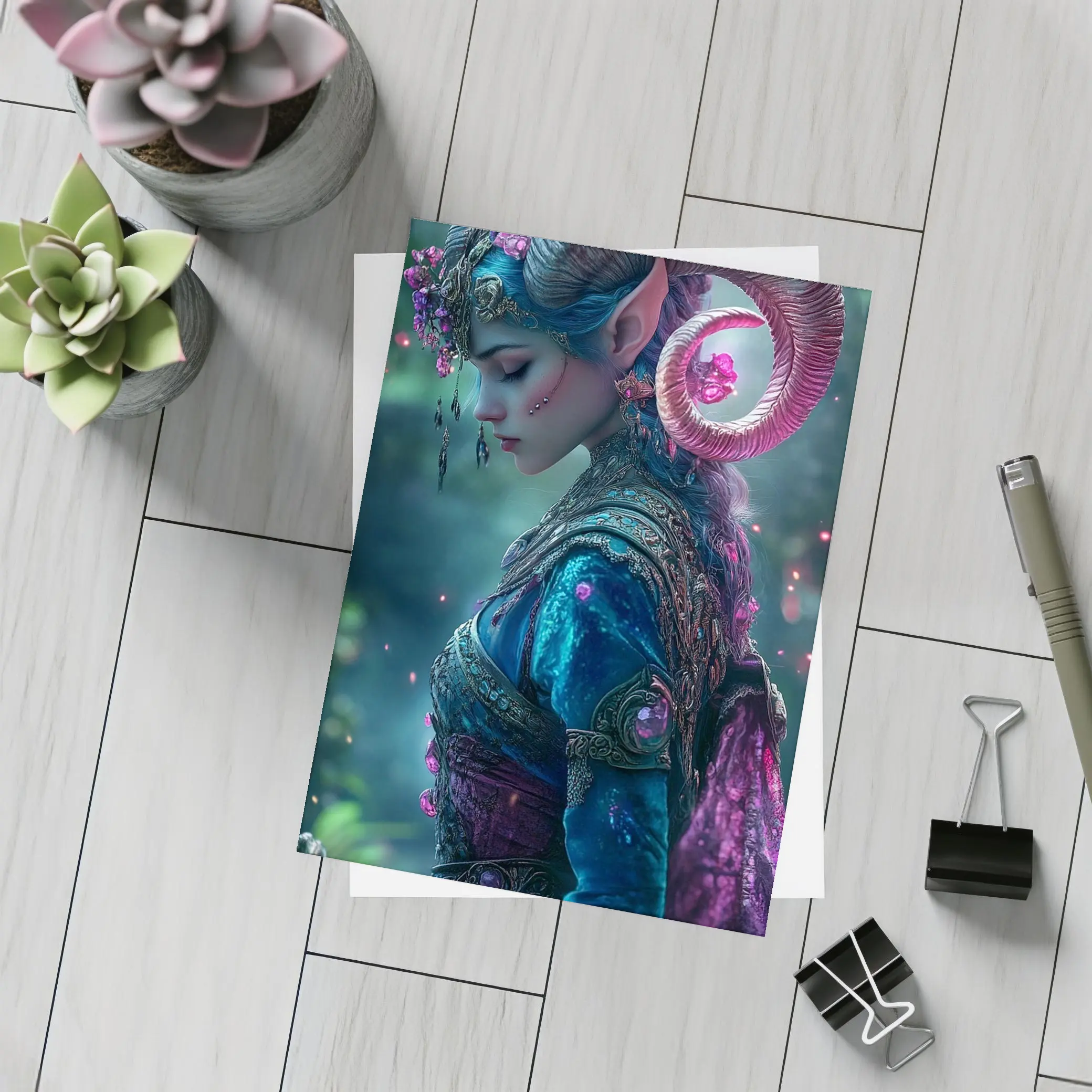 Fantasy Elf Woman with Ram Horns Forest – Postcards