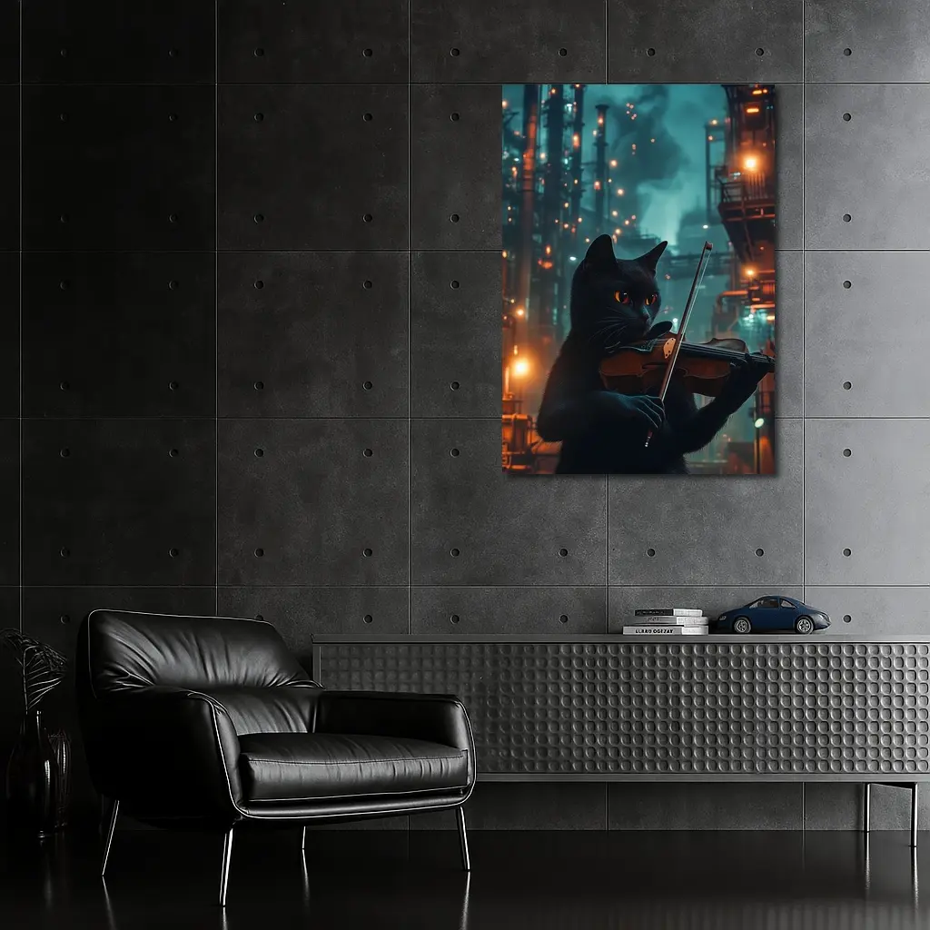 Black Cat Playing Violin Industrial Night Scene – Wall Art