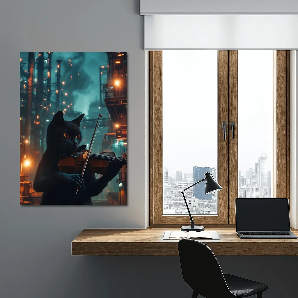 Black Cat Playing Violin Industrial Night Scene – Wall Art