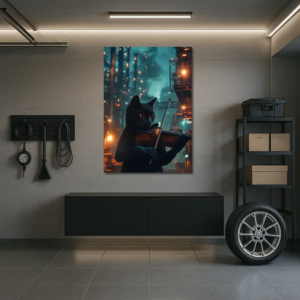 Black Cat Playing Violin Industrial Night Scene – Wall Art