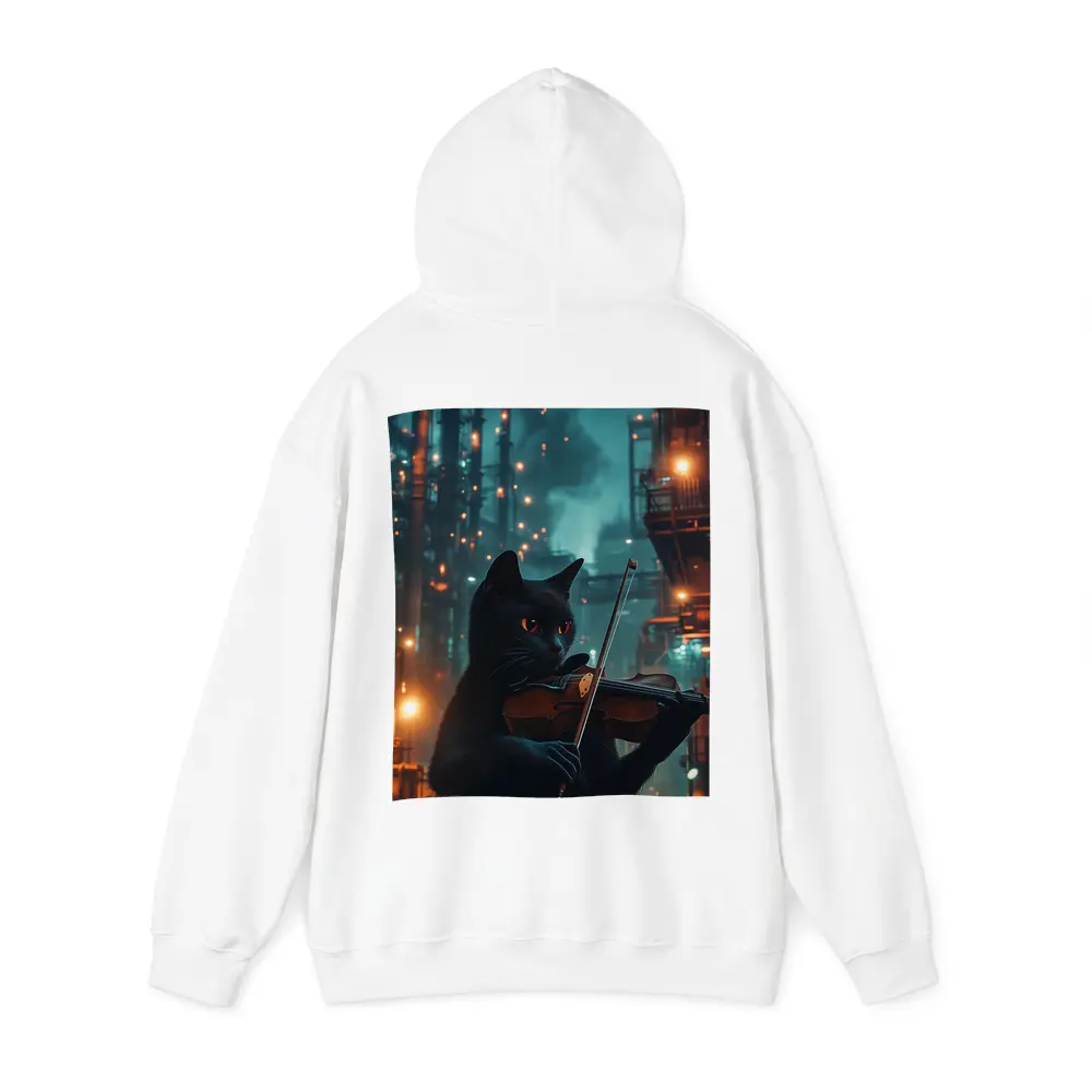 Black Cat Playing Violin Industrial Night Scene – Hoodies