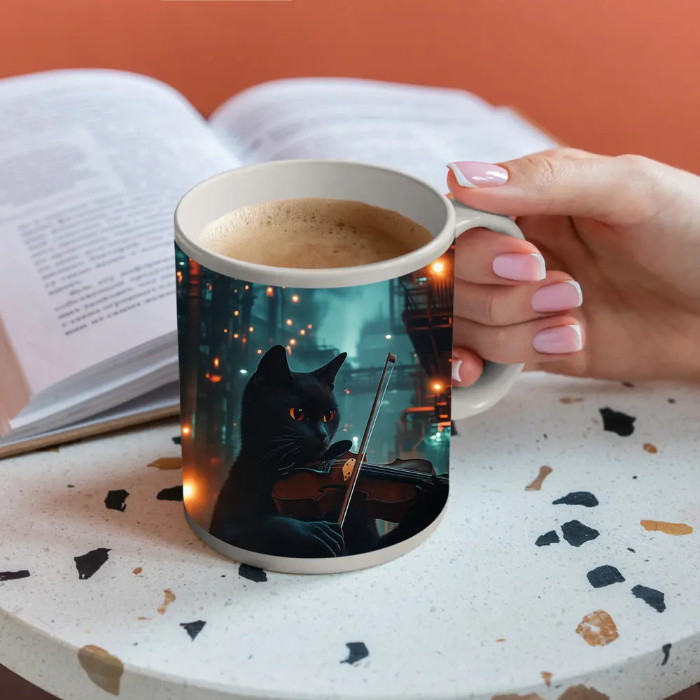 Black Cat Playing Violin Industrial Night Scene – Mugs