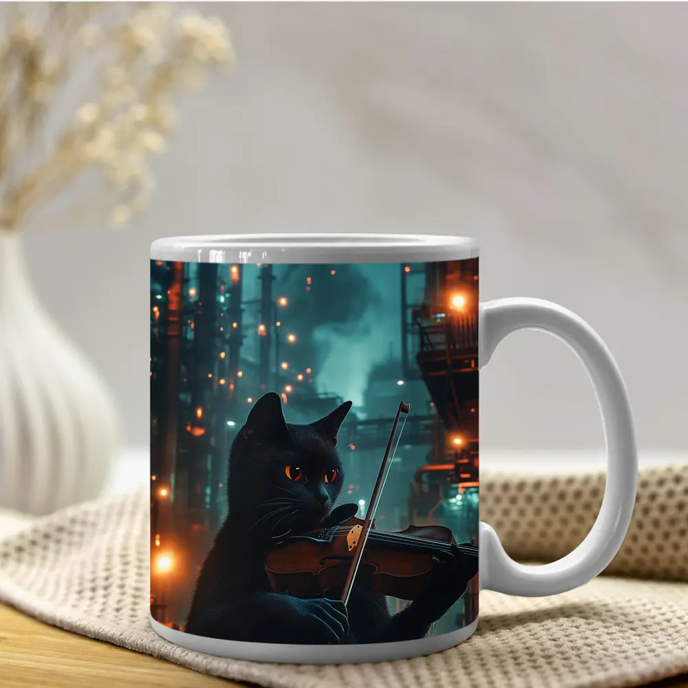 Black Cat Playing Violin Industrial Night Scene – Mugs