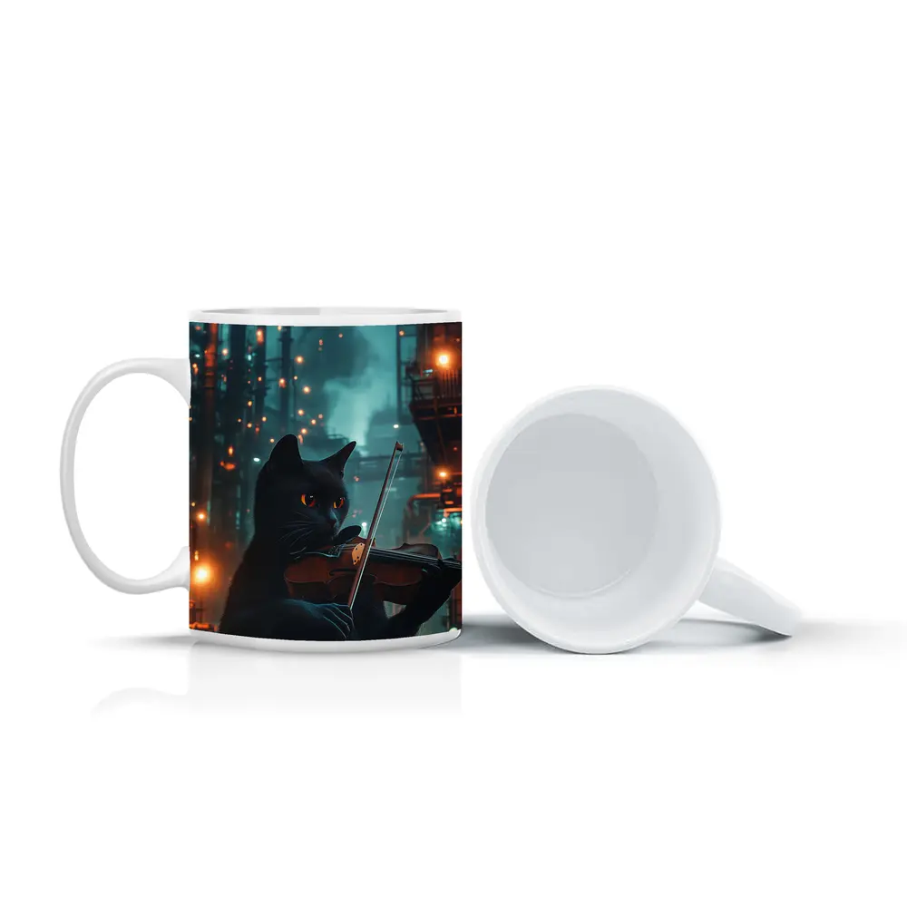 Black Cat Playing Violin Industrial Night Scene – Mugs
