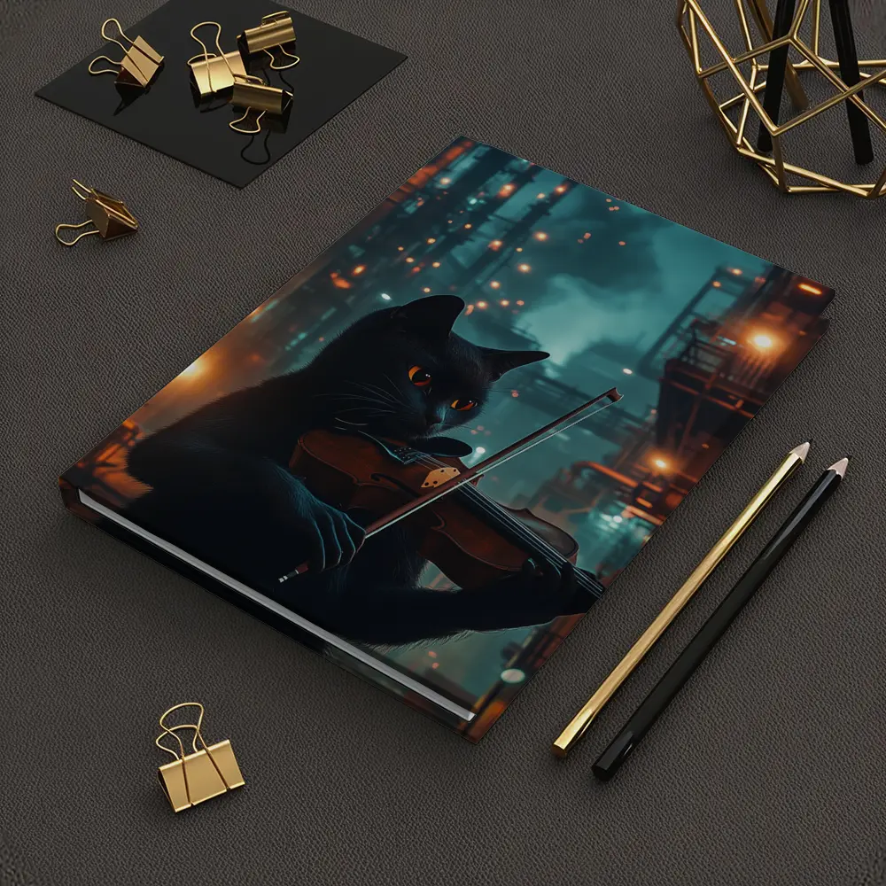 Black Cat Playing Violin Industrial Night Scene – Notebooks