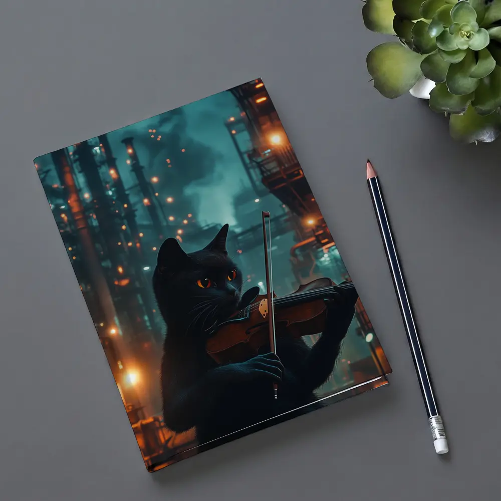 Black Cat Playing Violin Industrial Night Scene – Notebooks