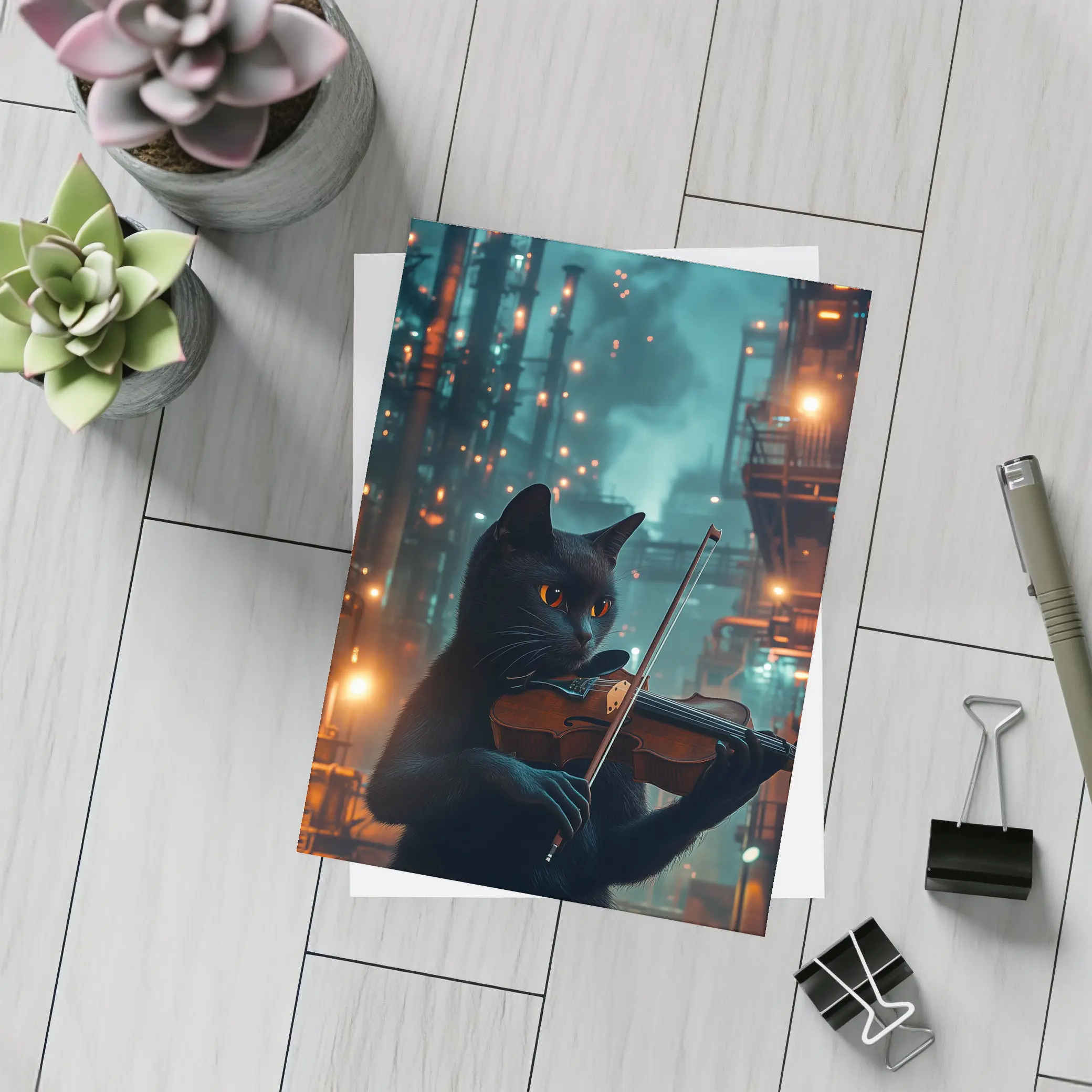 Black Cat Playing Violin Industrial Night Scene – Postcards