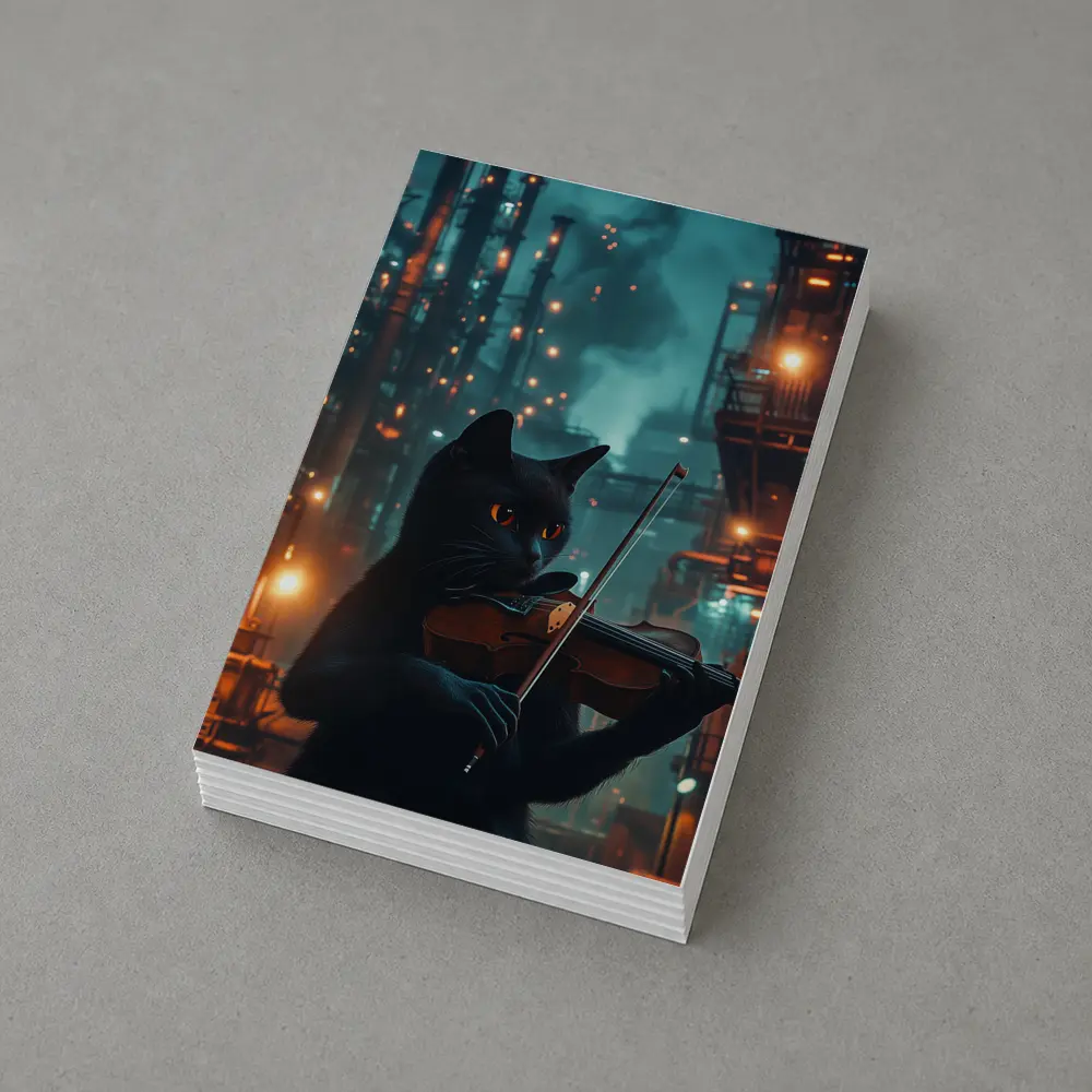Black Cat Playing Violin Industrial Night Scene – Postcards