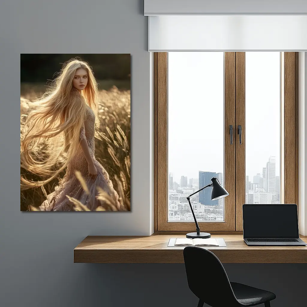 Blonde Woman Golden Field Sunlight Portrait – Wall Art