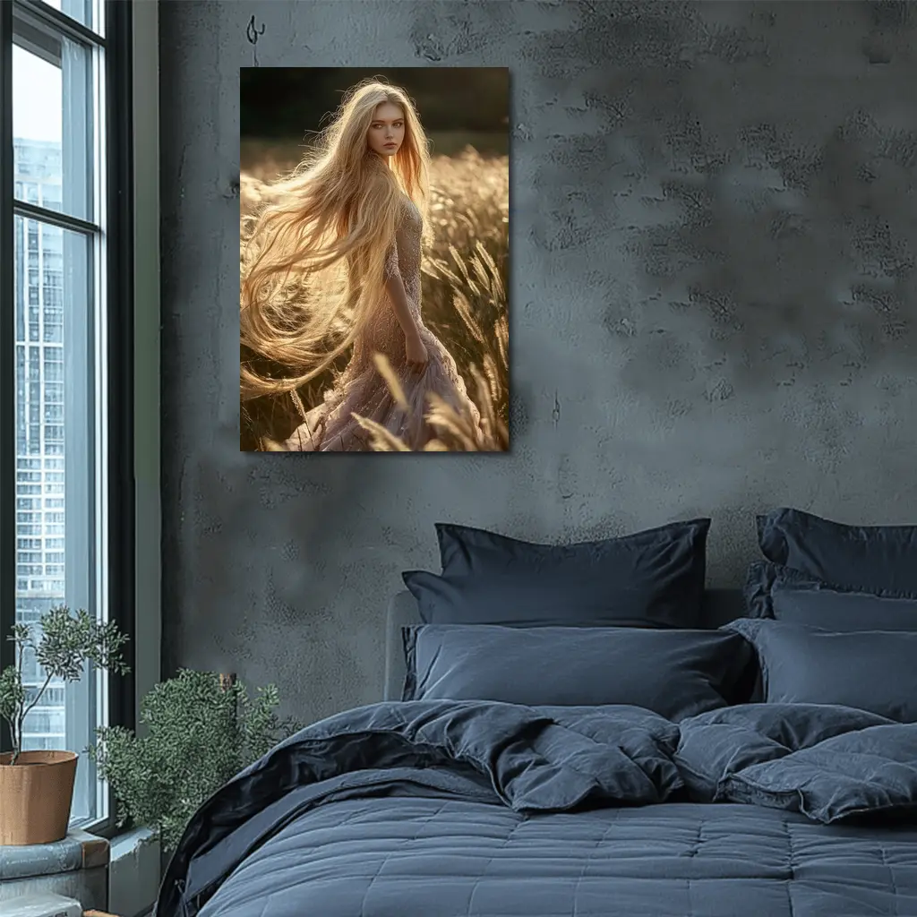 Blonde Woman Golden Field Sunlight Portrait – Wall Art