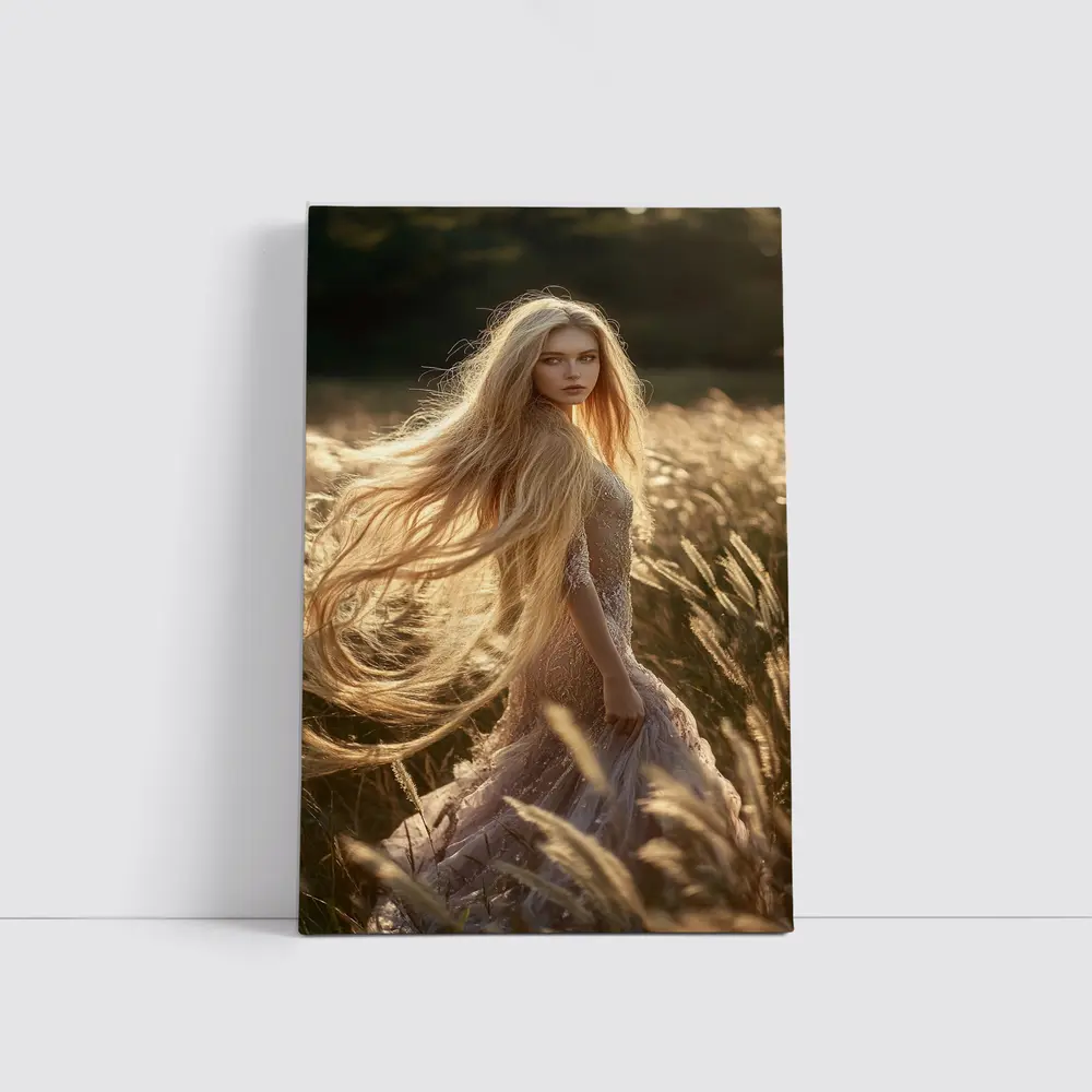 Blonde Woman Golden Field Sunlight Portrait – Wall Art