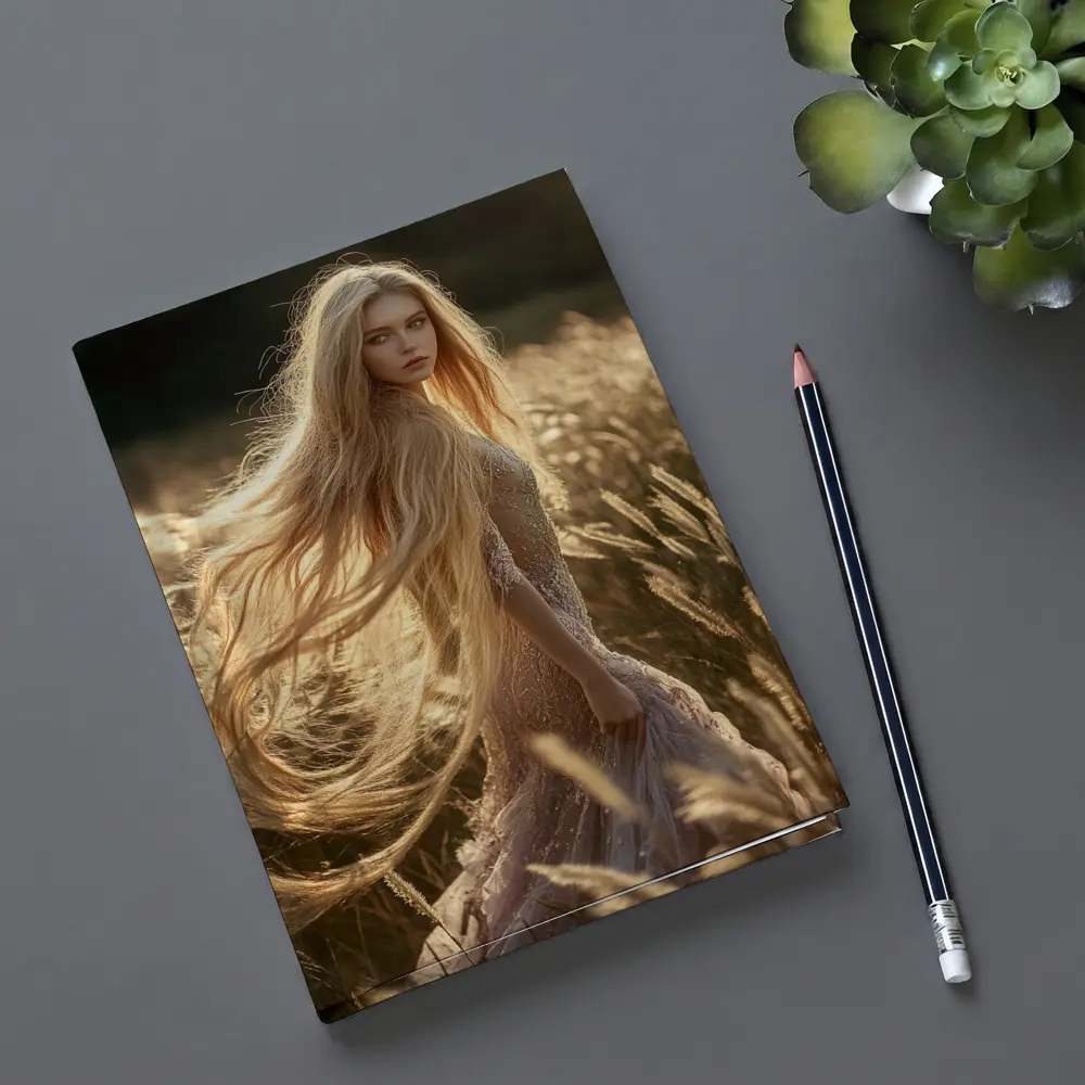 Blonde Woman Golden Field Sunlight Portrait – Notebooks