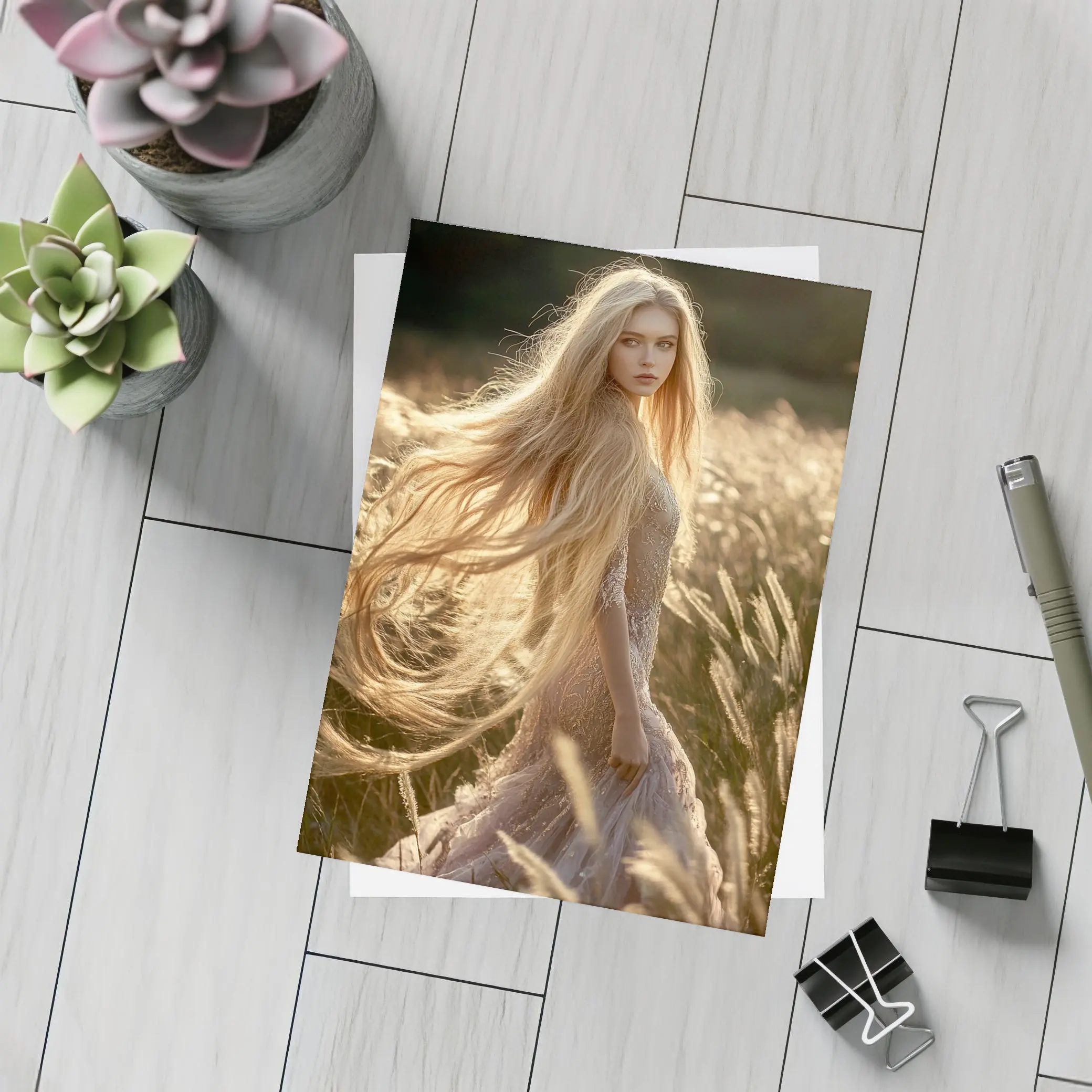 Blonde Woman Golden Field Sunlight Portrait – Postcards