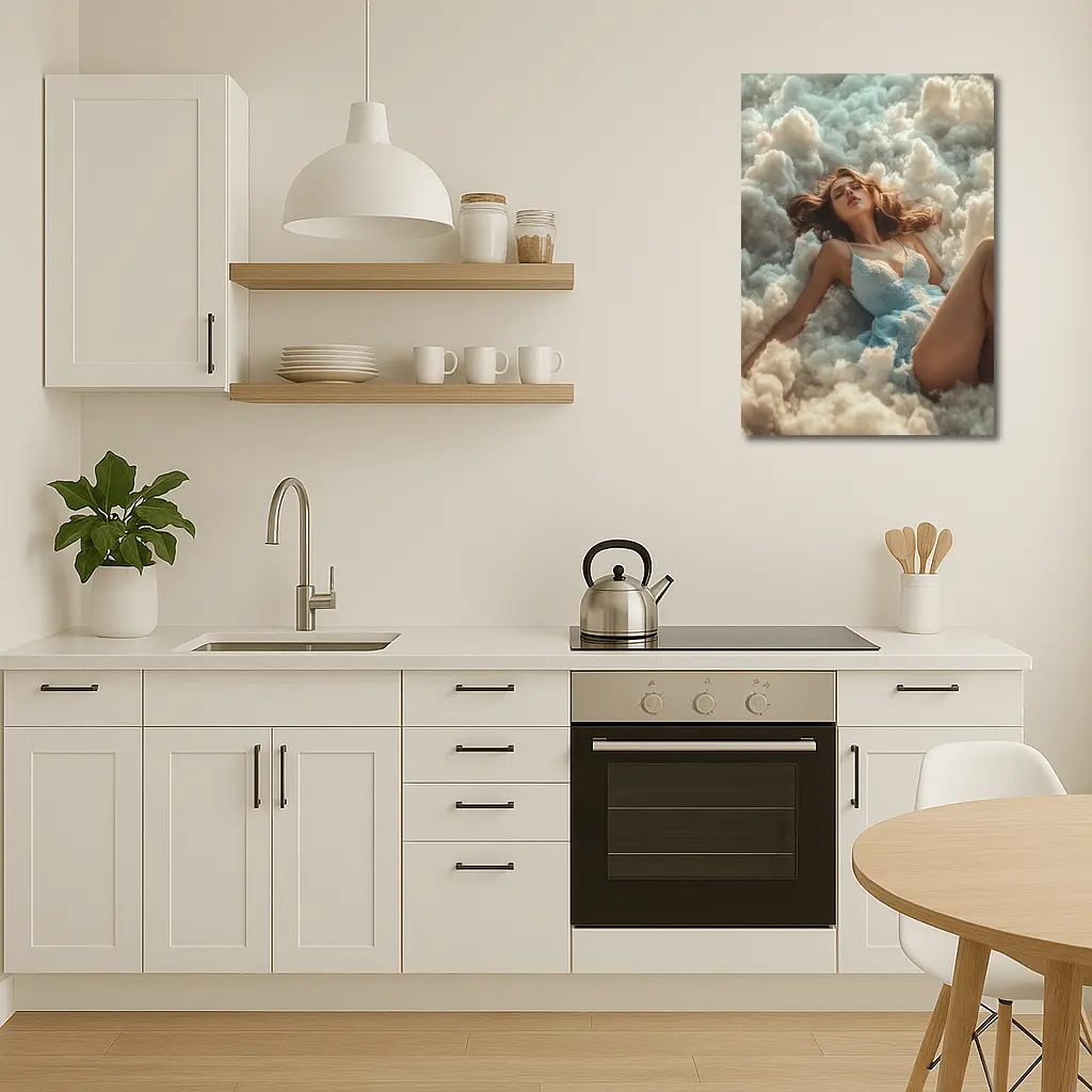 Woman Resting Among Dreamy White Clouds – Wall Art