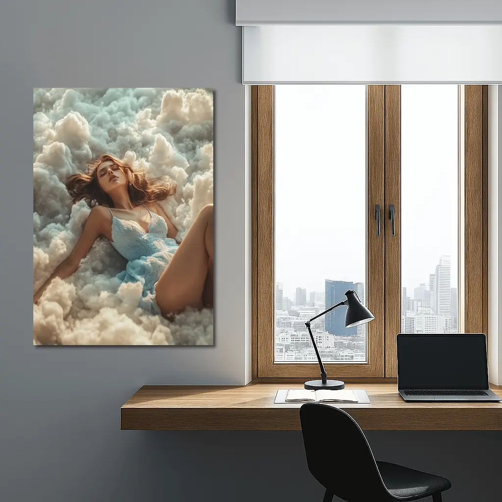 Woman Resting Among Dreamy White Clouds – Wall Art
