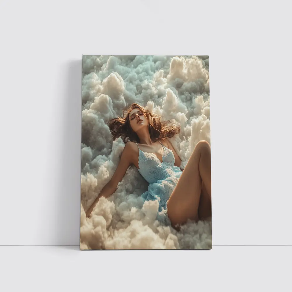 Woman Resting Among Dreamy White Clouds – Wall Art