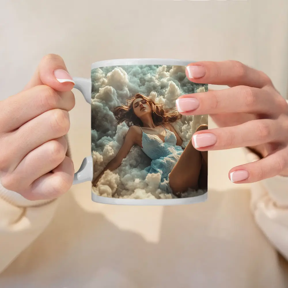 Woman Resting Among Dreamy White Clouds – Mugs