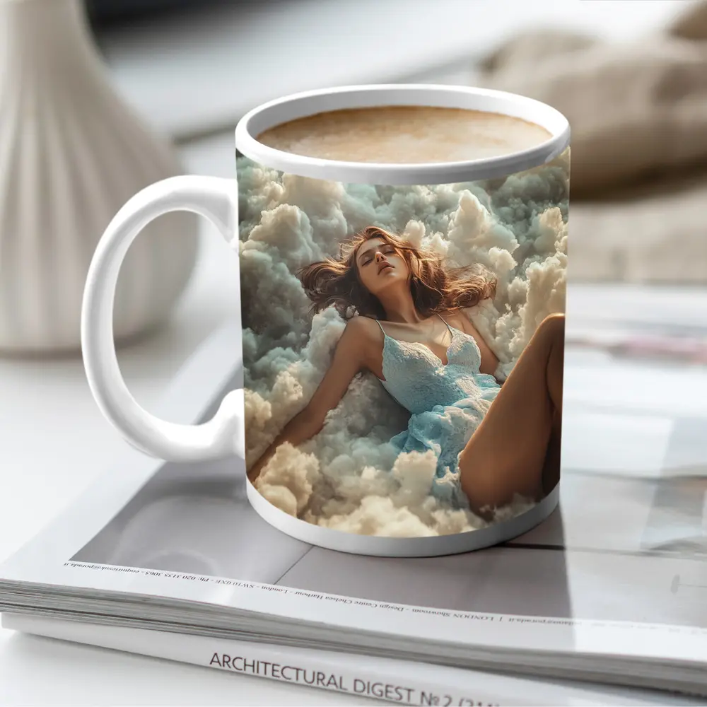 Woman Resting Among Dreamy White Clouds – Mugs