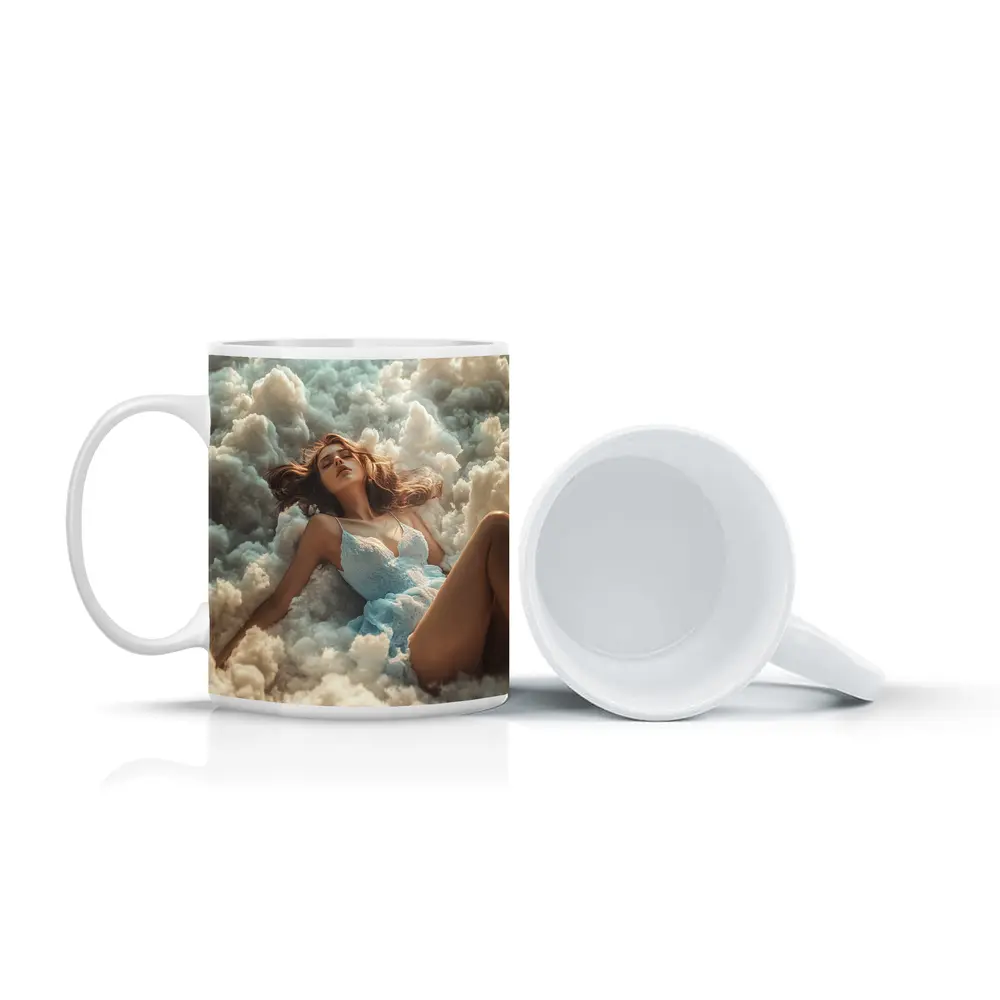 Woman Resting Among Dreamy White Clouds – Mugs