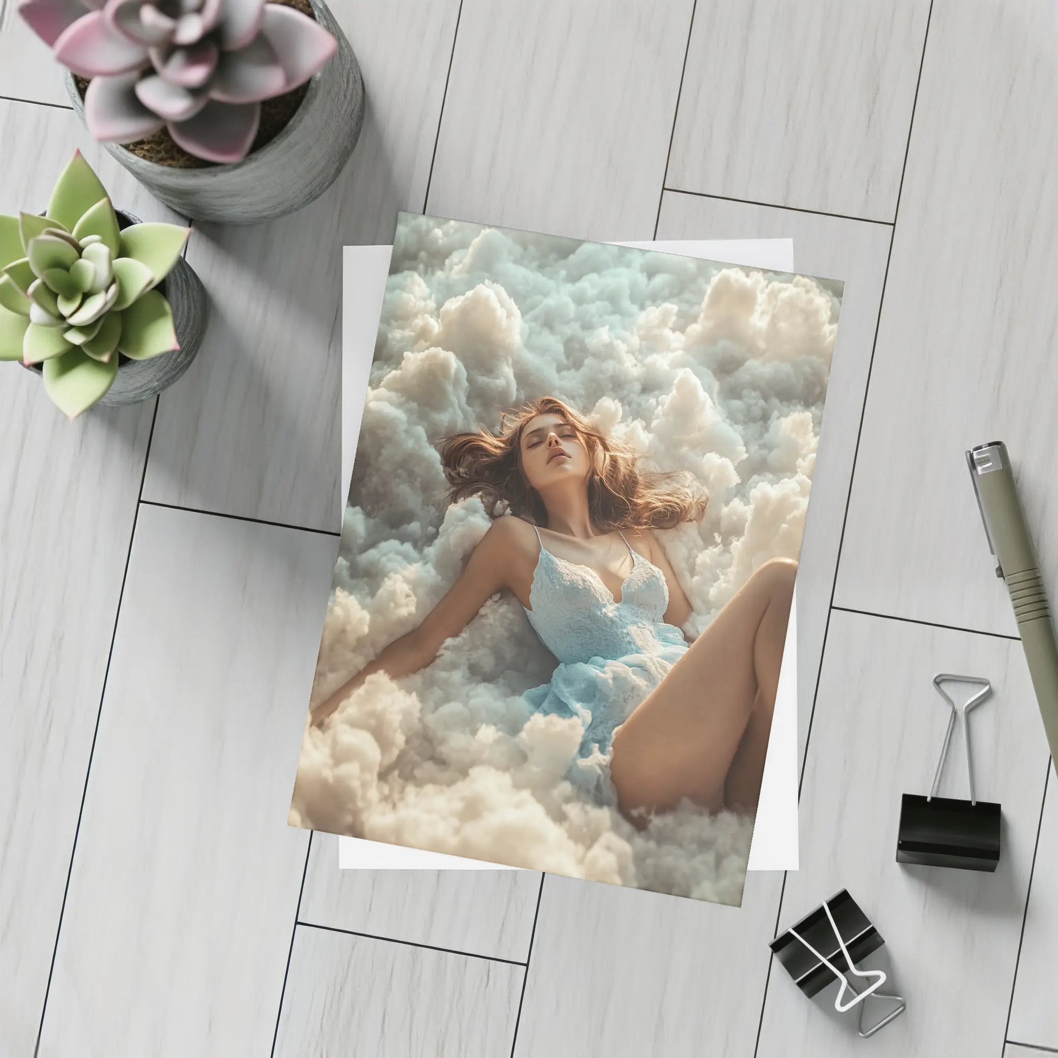 Woman Resting Among Dreamy White Clouds – Postcards