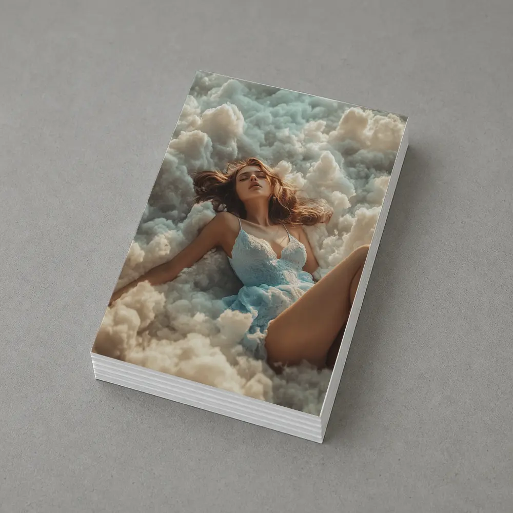 Woman Resting Among Dreamy White Clouds – Postcards