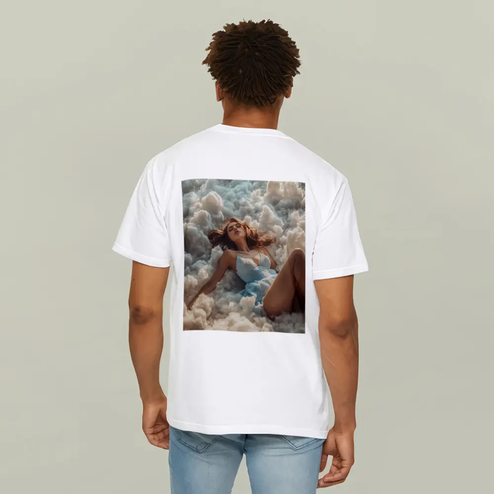 Woman Resting Among Dreamy White Clouds – T-Shirts