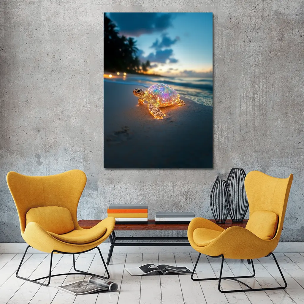 Glowing Sea Turtle on Tropical Beach Sunset – Wall Art