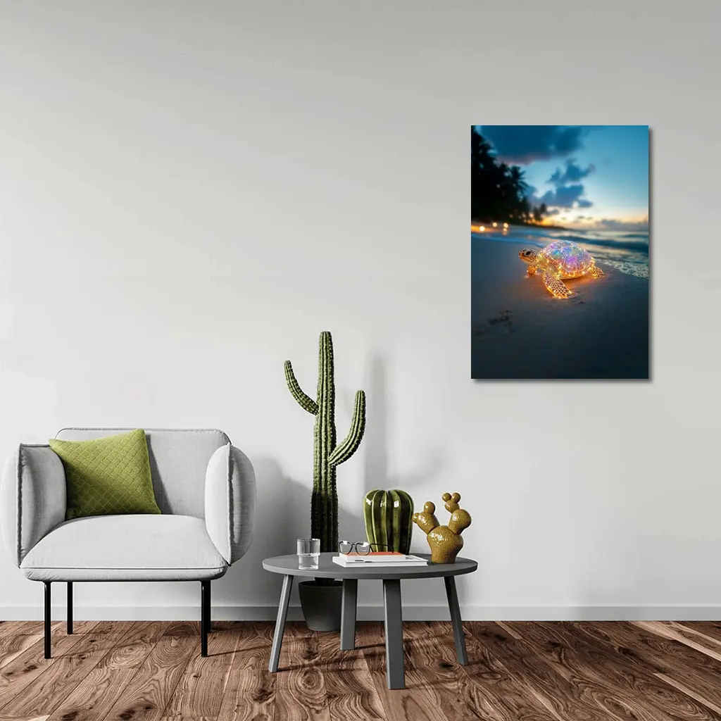 Glowing Sea Turtle on Tropical Beach Sunset – Wall Art