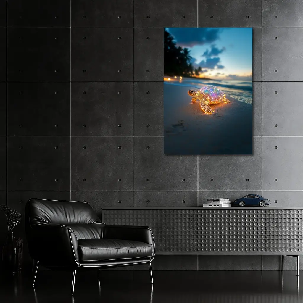 Glowing Sea Turtle on Tropical Beach Sunset – Wall Art