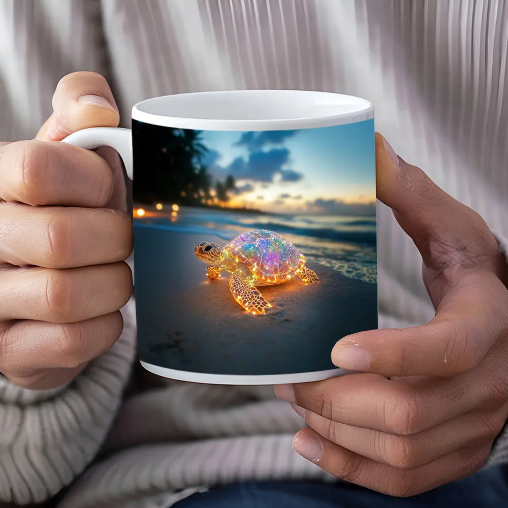 Glowing Sea Turtle on Tropical Beach Sunset – Mugs
