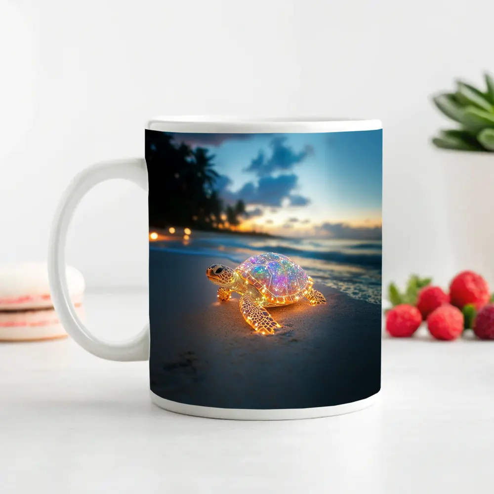 Glowing Sea Turtle on Tropical Beach Sunset – Mugs