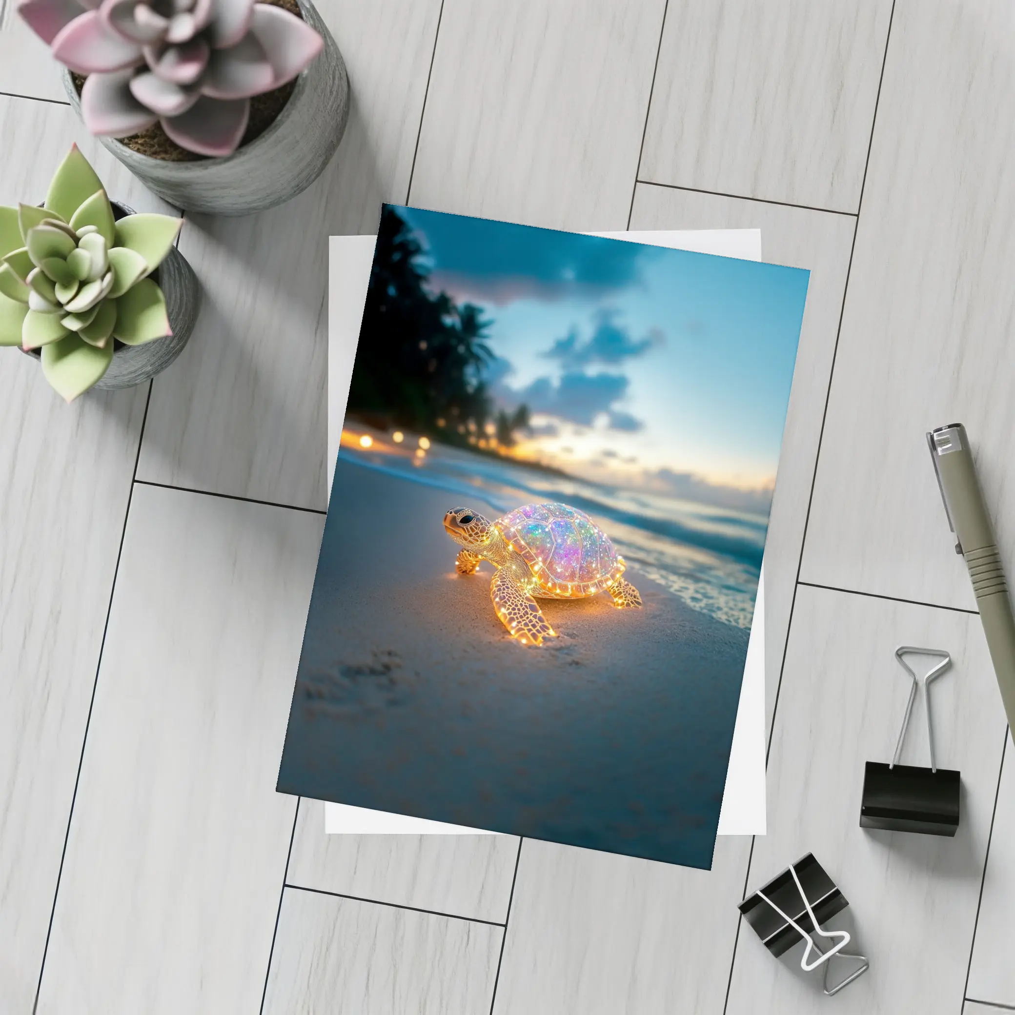 Glowing Sea Turtle on Tropical Beach Sunset – Postcards