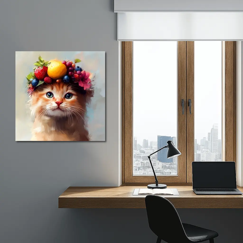 Fluffy Kitten Wearing Colorful Fruit Crown – Wall Art