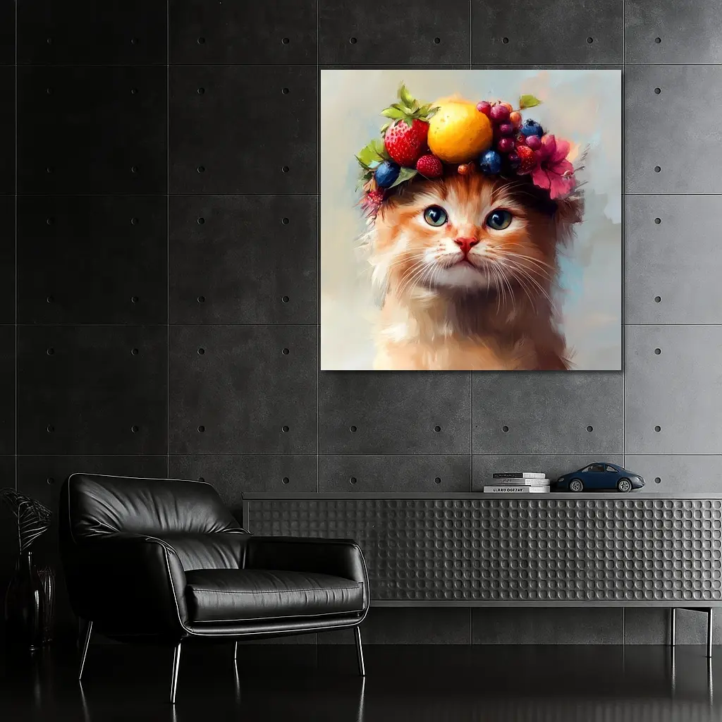 Fluffy Kitten Wearing Colorful Fruit Crown – Wall Art