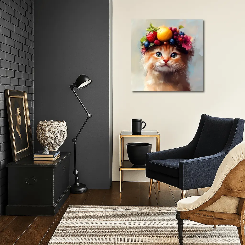 Fluffy Kitten Wearing Colorful Fruit Crown – Wall Art